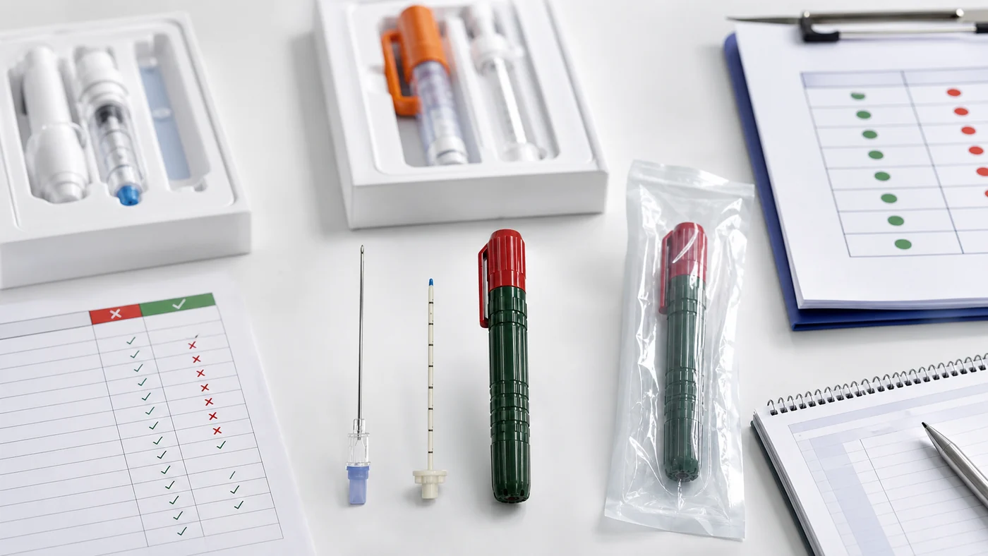 Yeşil kutulu ve kırmızı kapaklı, 14-gauge genel tip iğneli dekompresyon cihazının tedarik kontrol listesindeki karşılaştırması
