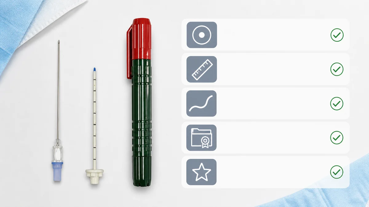 Spec-parity checklist for comparing a generic 14G needle decompression device with branded options