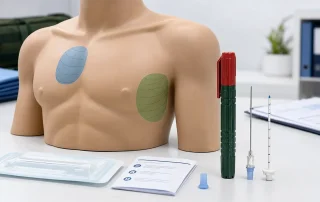 training diagram showing anterior and lateral needle decompression landmark regions on a torso model