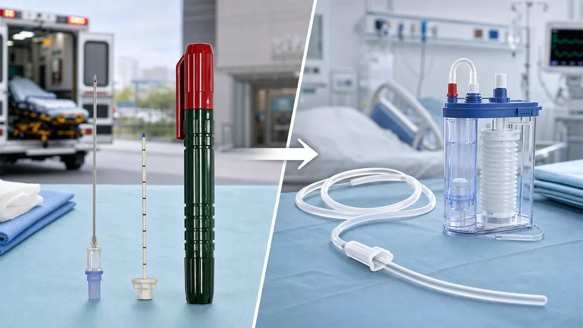14-gauge needle decompression catheter beside a hospital chest tube drain, comparing field and hospital equipment for tension pneumothorax