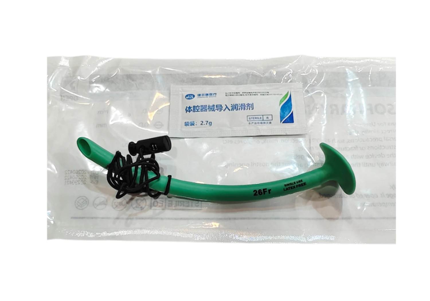 Packaged green nasopharyngeal airway with lubricant sachet