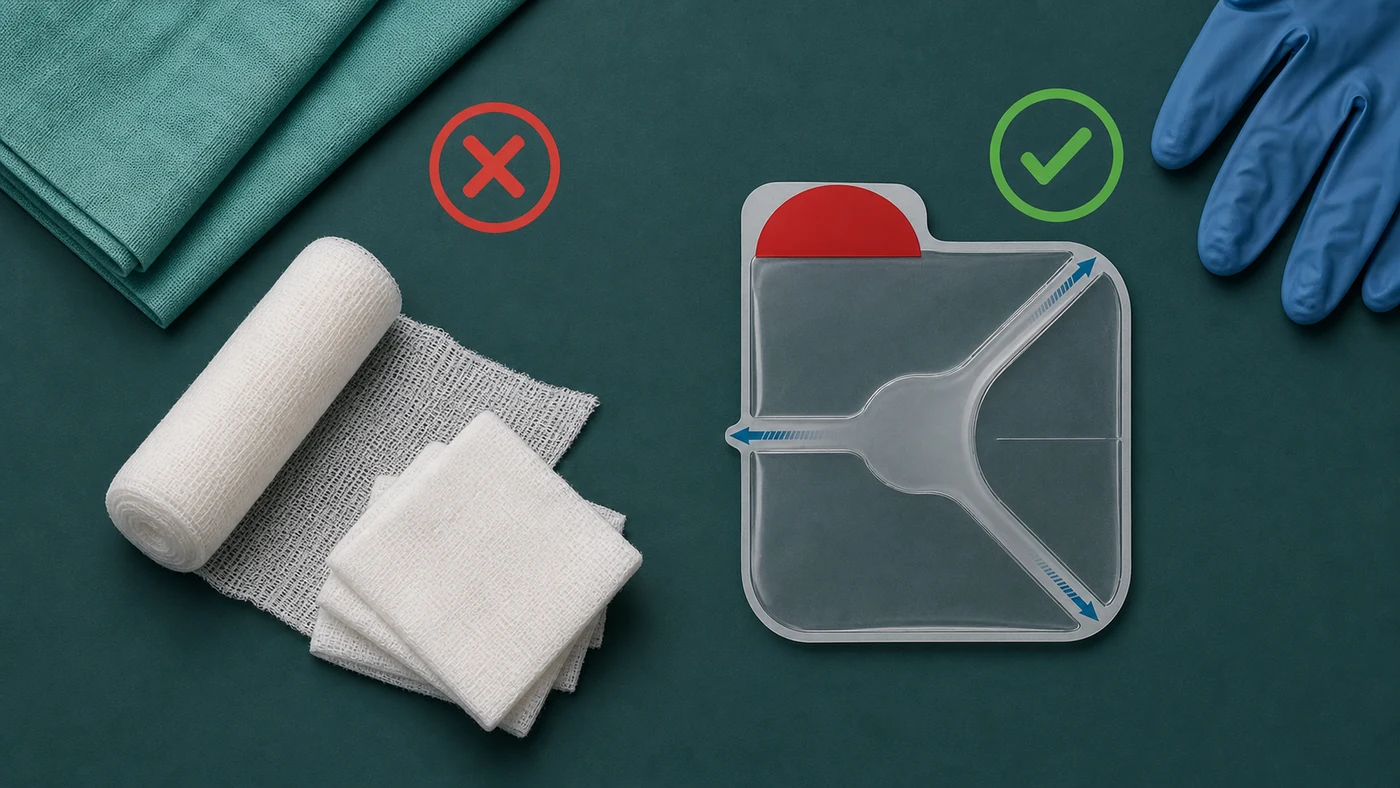 occlusive-dressing-sucking-chest-wound-hero Occlusive chest seal beside absorbent gauze showing the right dressing for a sucking chest wound